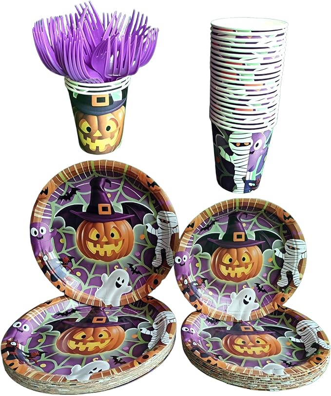 Halloween Paper Plates,Cups,Forks(96Pcs)-Disposable Party Plates Heavy Duty,Party Supplies Tableware Set|Paper Plates 9 inch & 7 inch,Spooky Decor(Flying Pumpkin,Ghost,Zombie,Bat) for Kids Halloween-Ruum Studio Home