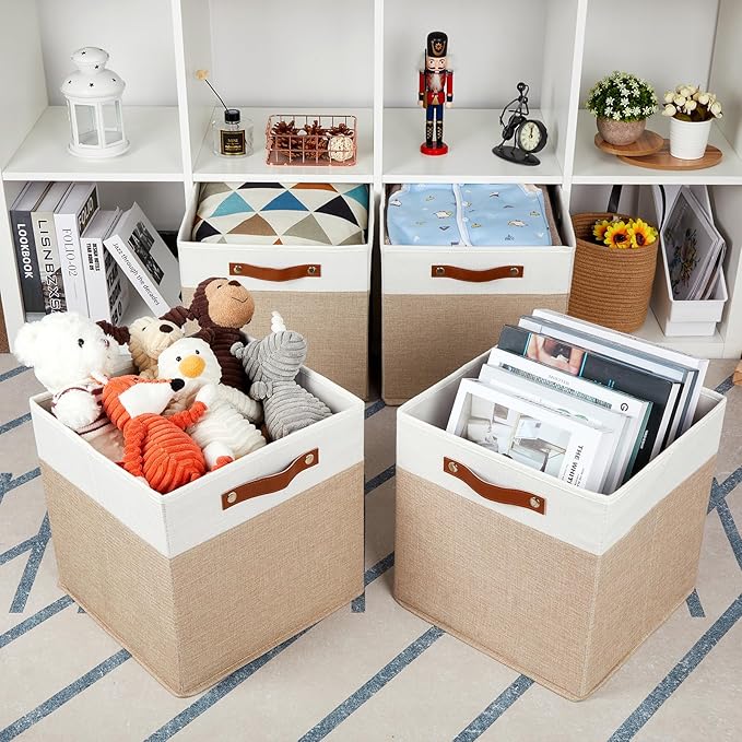 HNZIGE Fabric Baskets for Organizing 13x13 Storage Cubes, Set of 4 Fabric Foldable Canvas Storage Bins for Shelves, Cloth Storage Bins for Cube Organizers Toy Nursery Closet Bedroom?Beige&White?-Ruum Studio Home