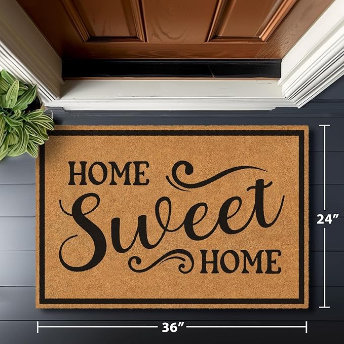 Barnyard Designs Natural Coco Coir Heavy Duty Backing Doormat - Large Cute Non-Slip Front Door Welcome Mat for Outside Entrance or Porch Entry, Brown (24x36, Home Sweet Home)-Ruum Studio Home