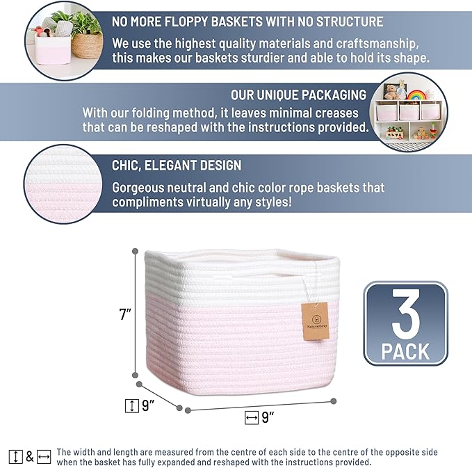NaturalCozy Storage Cubes 9”x9”x7”Cotton Rope Woven Baskets for Organizing 3-Pack | 9 Inch Cube Storage Bin | Small Basket for Shelf Nursery, Pantry, Decorative Plant, Bathroom Closet, Toy Gift-Ruum Studio Home