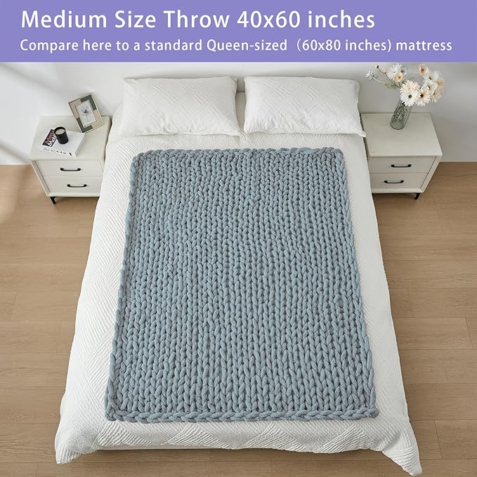 Bigacogo Chunky Knit Throw Blanket for Couch, 40x60 inches, 100% Hand Knitted with Thick Jumbo Chenille Yarn, Cozy Soft Large Rope Knot Cable Crochet Blankets for Sofa Bed Living Room, Dusty Blue-Ruum Studio Home