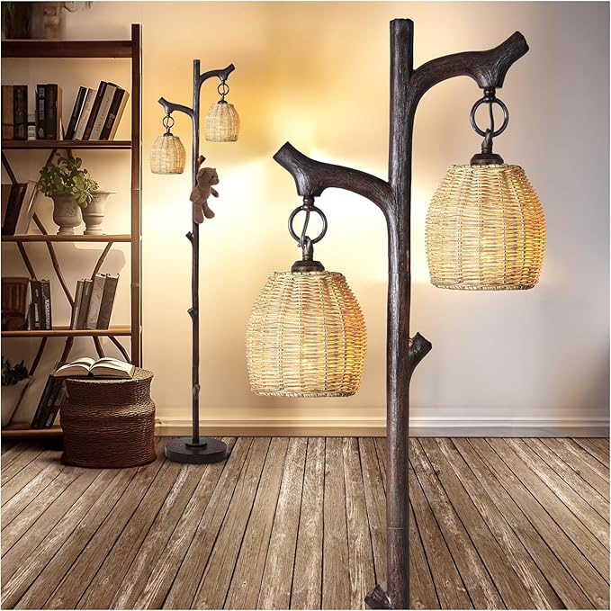 68" High Farmhouse Rustic Country Cottage Floor Lamp Tree Trunk Faux Wood Column Dark Bronze Wicker Drum Shade Decor for Living Room Bedroom Reading Room-Ruum Studio Home