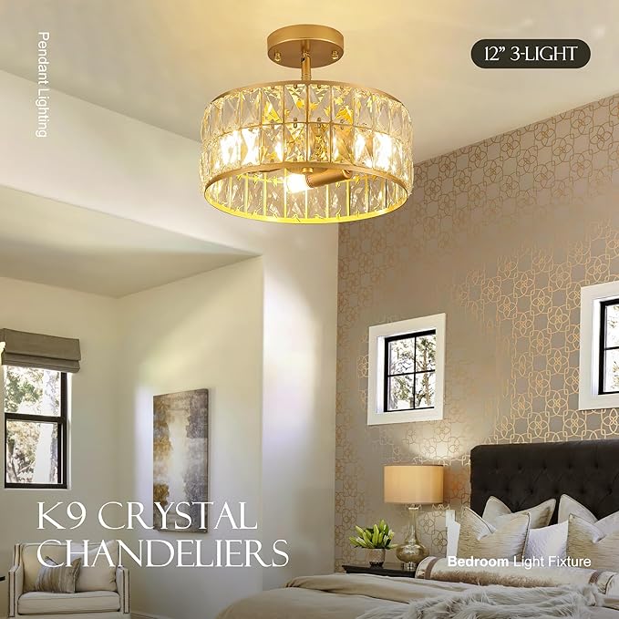 12” 3-Light Modern Crystal Chandeliers Gold Dinning Room Light Fixture, Round Pendant Light Kitchen Island Chandelier, Flush Mount Ceiling Light for Living Room Entryway Bedroom Foyer-Ruum Studio Home