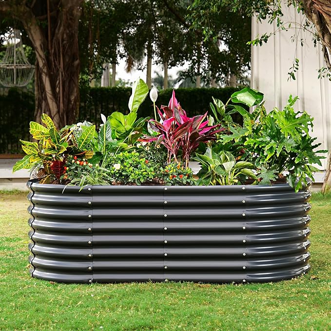 Land Guard 24“ Tall Galvanized Raised Garden Bed Kit, Galvanized Planter Garden Boxes Outdoor, Oval Large Metal Raised Garden Bed for Vegetables (Dark Gray, 4×2×2ft)-Ruum Studio Home