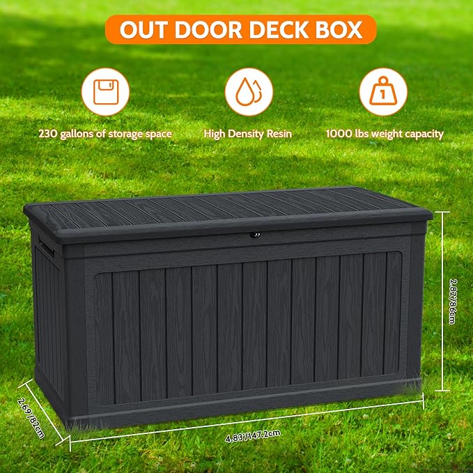 230 Gallon Double-Wall Resin Deck Box - Lockable Waterproof Outdoor Storage Box, 1000lbs Capacity & Doubles as Seating for Patio Furniture - Garden Tools, Pool Accessories (Black)-Ruum Studio Home
