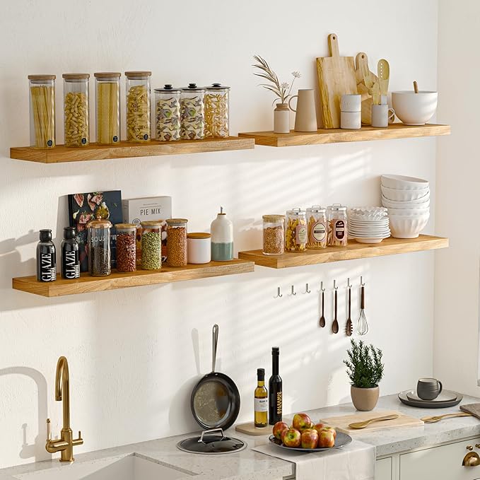 Fun Memories Wood Floating Shelves for Wall, 48 Inch Floating Shelves Wall Mounted, Rustic Elm Wood Shelf for Home Decor, Heavy-Duty Storage Shelves for Living Room, Bathroom, Kitchen, Natural Finish-Ruum Studio Home
