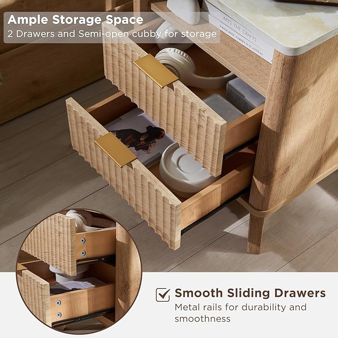 T4TREAM Fluted Nightstand with Charging Station, 18" Modern Side Table with Faux Marble Top, 2 Drawers End Table w/Storage, Bedside Table for Bedroom, Living Room, Curved Profile Design, Natural Oak-Ruum Studio Home