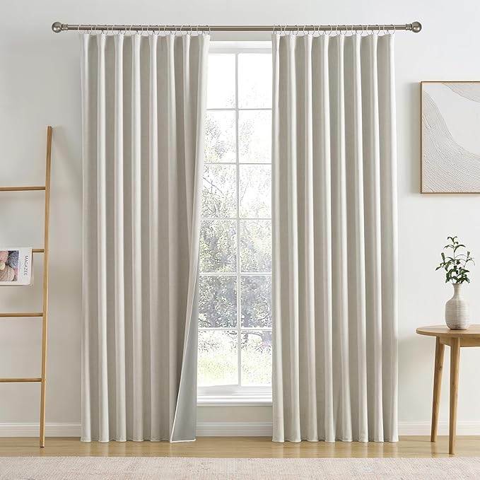 Natural Birch 90 Inch Long Extra Wide Linen Blackout Curtains for Large Windows,Back Tab Pleaetd Drapes with Hooks Track System Curtain Panels Room Divider Curtains for Patio Sliding Door 70 x 90-Ruum Studio Home