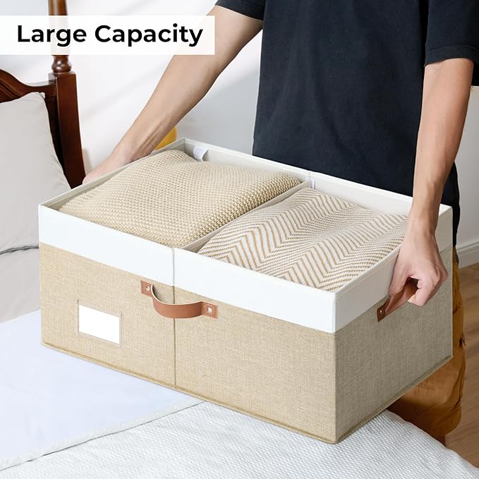 GRANNY SAYS Decorative Storage Boxes with Lid, Large Storage Bins with Double-Open Lid and Divider, Fabric Storage Bin for Clothes, 63L Closet Linen Storage Bin, White/Khaki-Ruum Studio Home