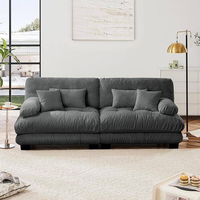 Loveseat Modular Sectional Sofa, Cloud Couch 2 Seater Sectional Couch Home Sofa Living Room Oversized Couch, Modern Deep Seat Couch with Chaise with Round Bolster Armrests 4 Pillows(Gray)-Ruum Studio Home