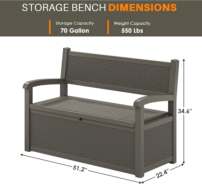 70 Gallon Deck Bench with Storage,Outdoor Storage Box Bench Waterproof&Lockable, Resin Patio Furniture with Armrest for Patio, Porch, Garden,Grey-Ruum Studio Home