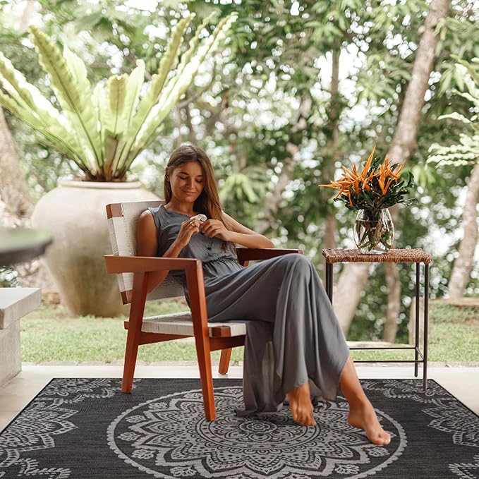 CAMILSON Outdoor Rug 6x9 Modern Area Rugs for Indoor and Outdoor Patios and Porches - Waterproof Washable Non-Shedding Easy-to-Clean Outside Carpet (6 x 9, Medallion - Dark Grey/Light Grey)-Ruum Studio Home