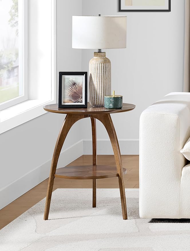 Martin Svensson Home Round Wood Walnut Brown 20" Living Room End Side Accent Table Nightstand with Storage Shelf-Ruum Studio Home