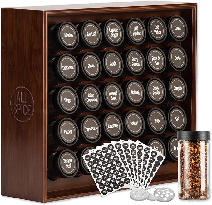 AllSpice Spice Rack Organizer, Wood, 525 Unique Labels, Countertop or Wall Mount, Includes 30 4oz Jars- Walnut Stain-Ruum Studio Home