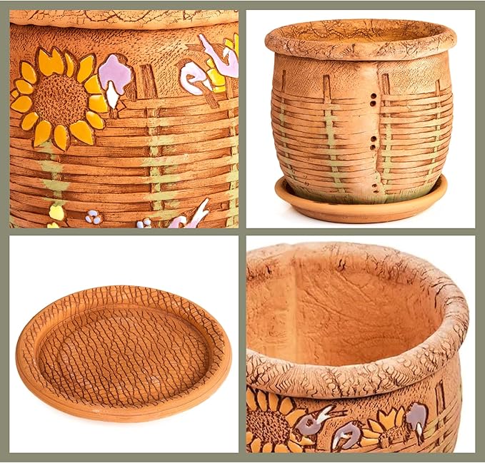 Ceramic Pot with Drainage Hole and Saucer, Plant Pots, Modern Decorative Planters for House Plants Indoor Flowers Plants, Cute Flower Pot - Gifts (Wicker (1.6 L))-Ruum Studio Home