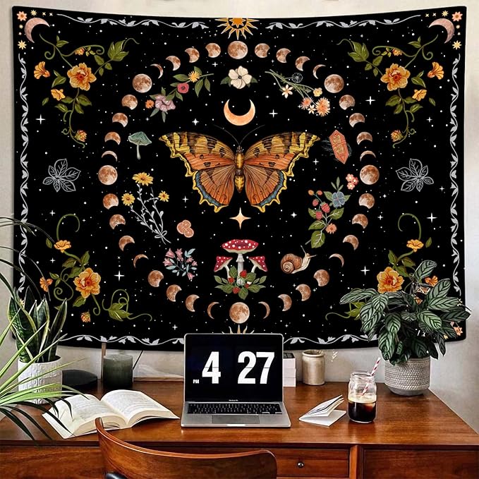 Aipon Orange Butterfly Moon Flower Tapestry Botanical Floral Plant Boho Tapestry for Bedroom Aesthetic Vintage Tapestries Wall Hanging for Living Room Dorm (60.00'' × 80.00'', Orange)-Ruum Studio Home