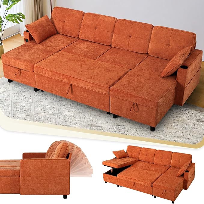 ACMEASE110“ Inches L-Shaped Pull Out Sofa Bed w/Storage Chaise & Adjustable Back, Chenille Sectional Sofa w/USB Port,Tufted Sleeper Couch w/Cup Holders for Living Room, Orange-Ruum Studio Home
