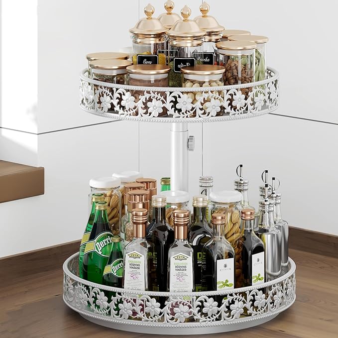 2 Tier Lazy Susan Organizer Turntable Adjustable,12 Inch Two Tier Lazy Susan Metal Easy Assembly Cleaning, Rotating Spice Rack Organizer for Cabinet Dining Table Kitchen Countertop White-Ruum Studio Home