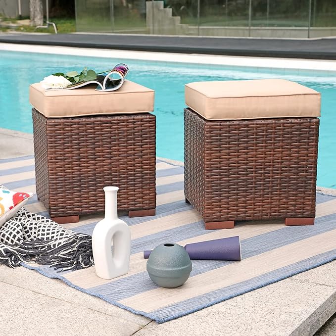 Patiorama 2 Pieces Assembled Outdoor Patio Ottoman, Indoor Outdoor All-Weather Dark Brown Wicker Rattan Outdoor Footstool Footrest Seat with Beige Cushions, No Assembly Required-Ruum Studio Home
