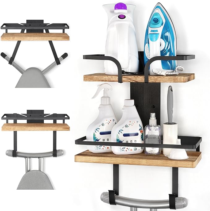 VINAEMO Ironing Board Hanger Wall Mount, 2-Layer Iron and Ironing Board Holder, Laundry Room Shelves Solid Wood with Removable Hooks Home Organization and Storage-Ruum Studio Home