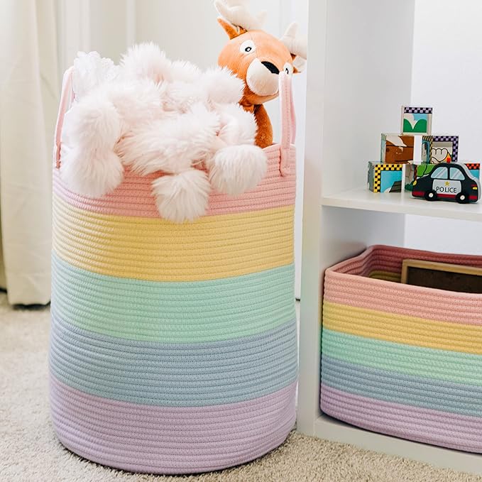 OrganiHaus Cotton Rope Basket for Rainbow Classroom Decor 15x18 | Toy Basket for Pastel Room Decor | Playroom Organization and Storage | Toy Bins & Book Basket | Tall Blanket Basket for Living Room-Ruum Studio Home