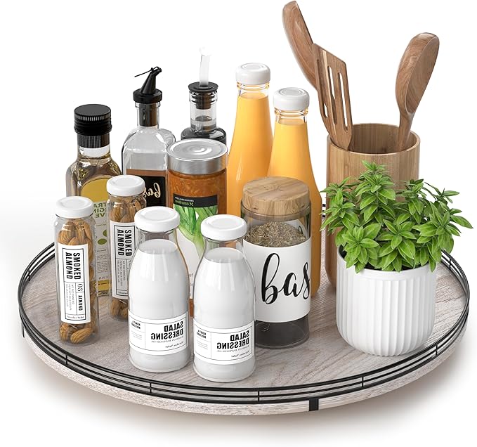 16" Lazy Susan Oak Wood Turntable Organizer for Cabinet, Farmhouse Round Wooden Lazy Susan Organization and Storage for Dining Table, Pantry, Kitchen, Bathroom, Countertop, Cupboard, Kitchen Decor-Ruum Studio Home
