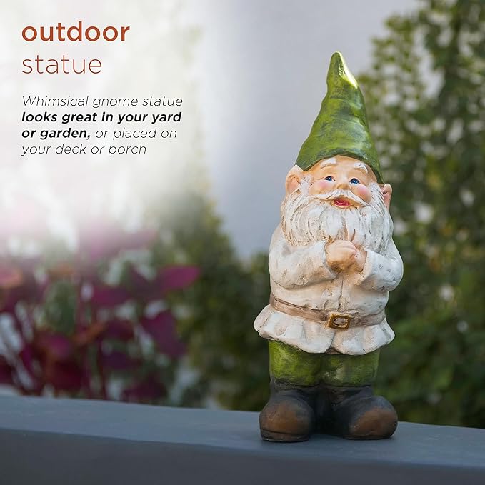 Alpine Corporation - 12" Tall Outdoor Garden Gnome Yard Statue Decoration – Playful Resin Gnome with Earthtone Colors - Durable, Weatherproof Lawn Sculpture for Patio, Deck, Yard-Ruum Studio Home