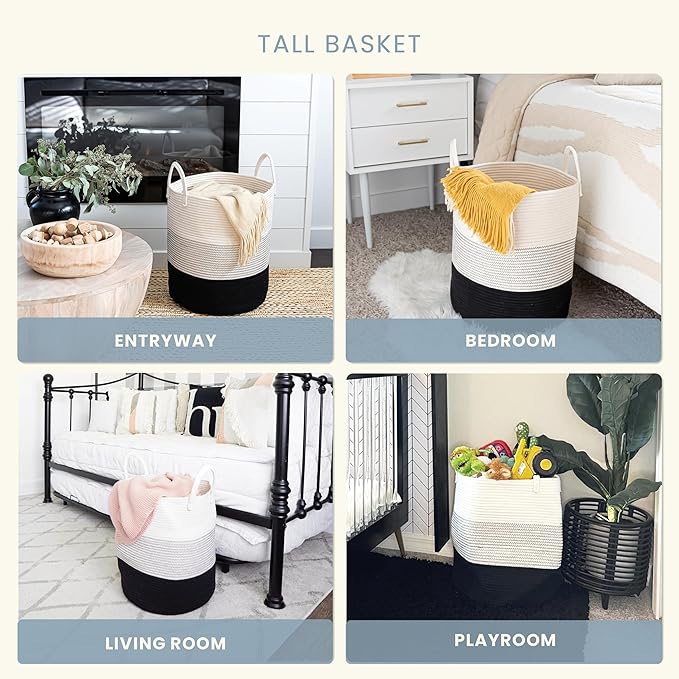 OrganiHaus Black & White Blanket Storage Basket for Living Room 15x18, Woven Nursery Hamper Basket, Large Toy Basket Storage for Kids, Laundry Hamper, Baby Laundry Basket, Cute Cotton Rope Basket-Ruum Studio Home