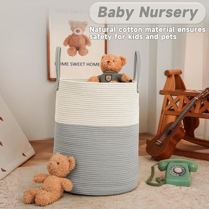 Large Woven Laundry Basket Hamper,80L Cotton Rope Storage Bin for Blankets,Toys and Clothes,Decorative Tall Nursery Hamper for Living Room,Baby Nursery,Bathroom and Bedroom,White and Grey-Ruum Studio Home