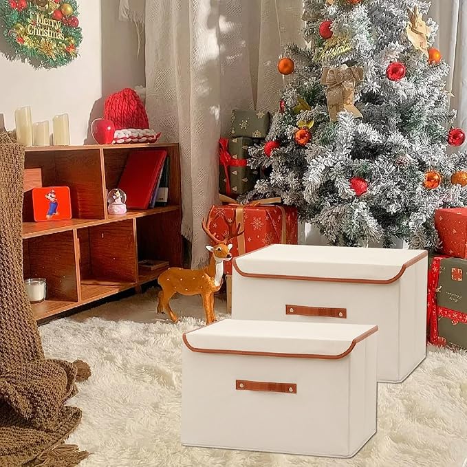 Tuza 4 Pack Large Fabric Storage Bins with Lids, Foldable Storage Boxes with Lids for Organizing, Decorative Storage Boxes with Handles for Home, Bedroom, Closet, Office(Khaki, Medium)-Ruum Studio Home