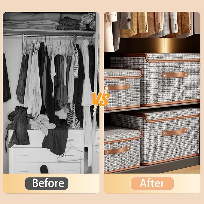 Tuza 4 Pack Storage Bins with Lids, Collapsible Closet Organizer Container, Fabric Organizer Box with Handles, Decorative Storage Boxes with Lids for Organizing Clothes, Books, Light Grey, Large-Ruum Studio Home