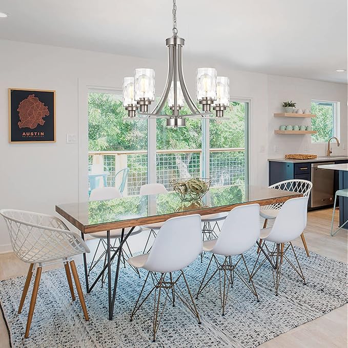 BONLICHT 5 Light Modern Chandeliers Brushed Nickel Kitchen Island Dining Room Lighting Fixtures Ceiling Hanging Clear Hammered Glass Pendant Lamp Transitional Pendant Lights for Living Room Foyer-Ruum Studio Home
