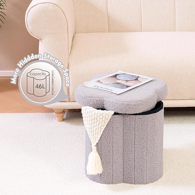 B FSOBEIIALEO Storage Ottoman Cube, Flowers Shaped Ottomans with Storage Foot Stool Footrest, Boucle Ottoman Seat for Dorm Room, Faux Teddy Fur, Grey 15"x15"x15"-Ruum Studio Home