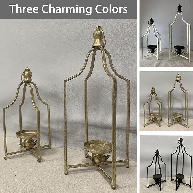 Large Tall Shabby Chic Lanterns Decorative Indoor Outdoor, Outside Gifts Front Porch Patio Vintage Metal Candle Holders, Fireplace Table Floor Farmhouse Rustic Decor Set of 2 (Antique Gold)-Ruum Studio Home
