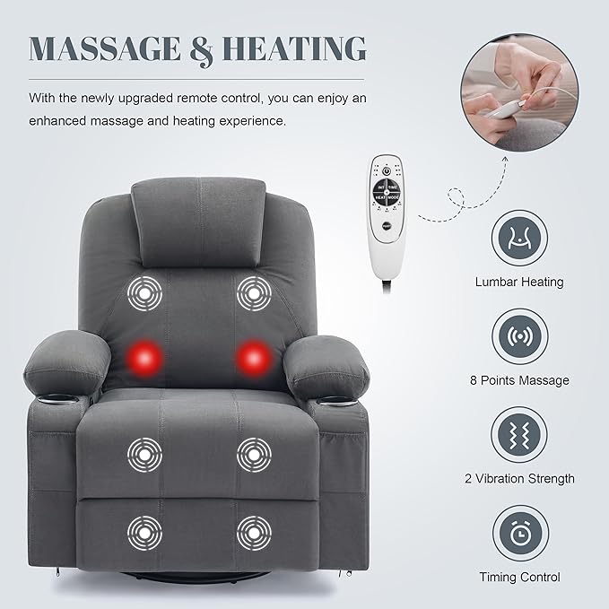 Oversized Swivel Rocker Recliner Chair with Heat and Massage, 360 Degree Swivel Rocking Single Sofa with Cup Holders and USB Port, Big Large Recliner Chair for Living Room (Fabric, Darkgrey)-Ruum Studio Home