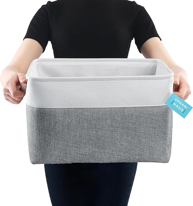 OrganiHaus Extra Large Fabric Storage Baskets for Shelves 3 Pack | 16x13in Closet Storage Bins for Shelves | Cloth Baskets for Organizing | Linen Closet Organizers | Fabric Storage Bin - Gray/White-Ruum Studio Home
