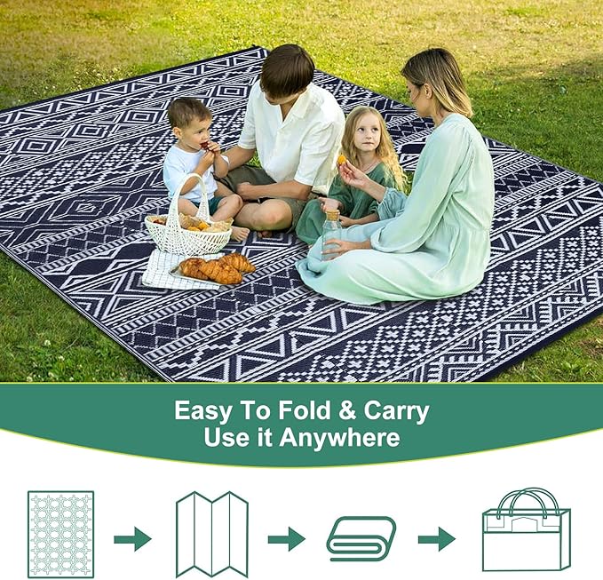 GAOMON Outdoor Rug 9'x12' Waterproof Rug for Patio Decor, Foldable Reversible Plastic Straw Area Rugs Mat for Camper, Outside Carpet for Deck, Porch, Picnic, Beach, Dark Blue/White(Bohemia)-Ruum Studio Home