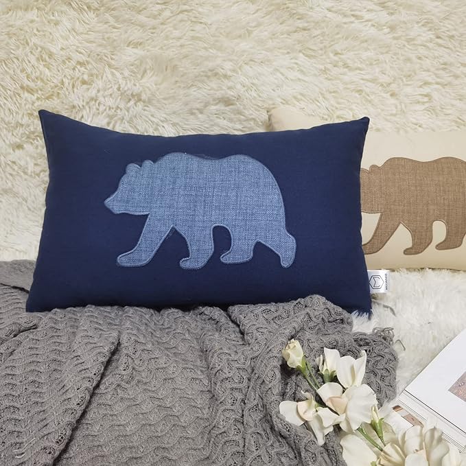 Lumbar Pillow Covers 12x20 Inches Bear Decorative Cotton Linen Throw Lumbar Waist Embroidered Cushions Covers for Couch Sofa Bedroom (Blue)-Ruum Studio Home