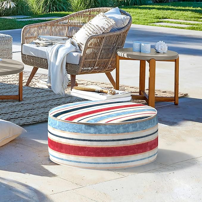 LVTXIII Inflatable Stool Ottoman Footrest with Handle, Decorative Fade-Resistant Foot Stool, Indoor or Outdoor Pouf for Home Garden and Camping Use, D21 x W 21 x H9, Stripe Red Blue-Ruum Studio Home