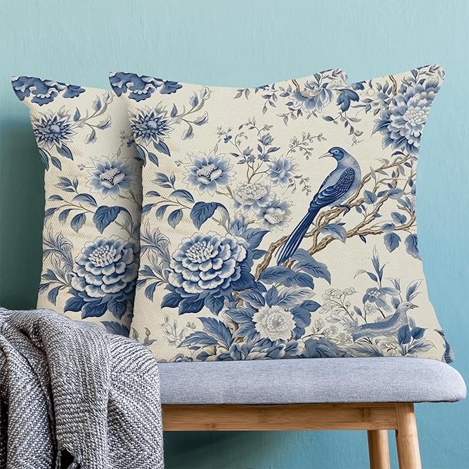 CXMEIFLY Spring Floral Pillow Covers 16 x 16 Inch Set of 2 for Chinoiserie Flowers Bird Decor Throw Pillows Vintage Blue and White Plant Outdoor Decorative Cushion Cases for Couch Bed Decorations-Ruum Studio Home