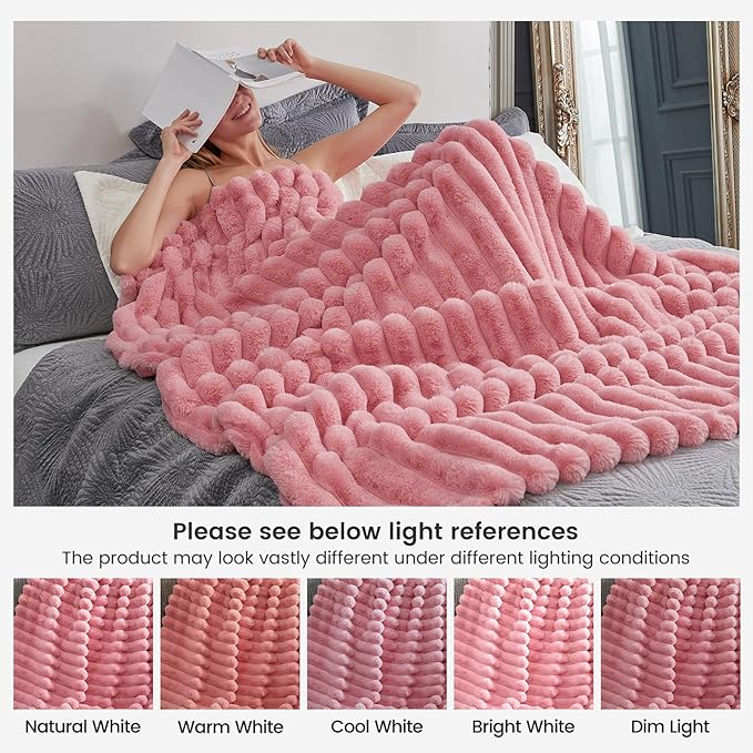 Cozy Bliss Faux Fur Throw Blanket for Couch, Cozy Warm Plush Striped Blanket for Sofa Bedroom Living Room,60 * 80 Inches Hot Pink-Ruum Studio Home