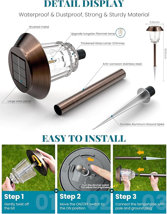 Solar Lights Outdoor Waterproof,4 Pack Bronze Pathway Lights with 10-40 LM Dimmable Glass and Metal, Solar Powered Garden Fall Decor for Yard,Patio,Pathway,Driveway(Warm White)-Ruum Studio Home