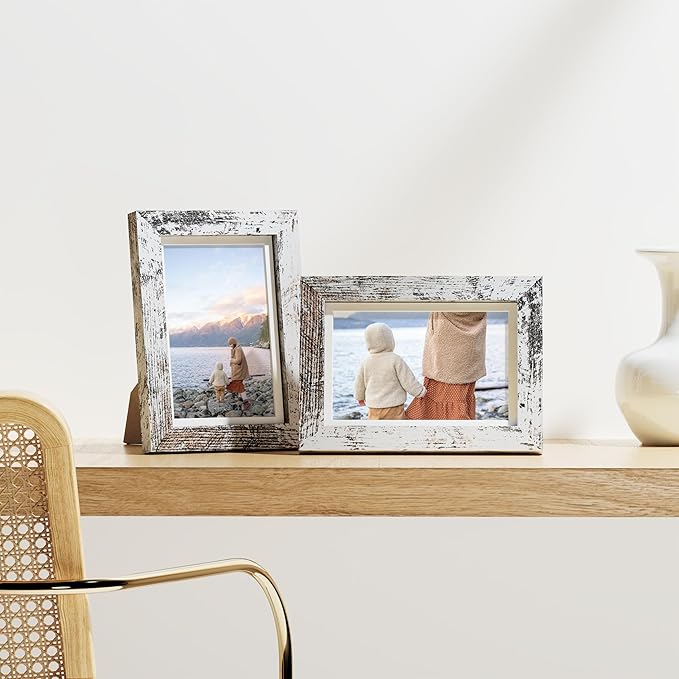 Vittanly 4x6 Picture Frames Set of 9, Shatter Resistant Plexiglass, Display 3.5x5 Pictures with Mat or 4x6 without Mat, Photo Frames for Wall or Tabletop, Engineered Wood, Distressed White-Ruum Studio Home