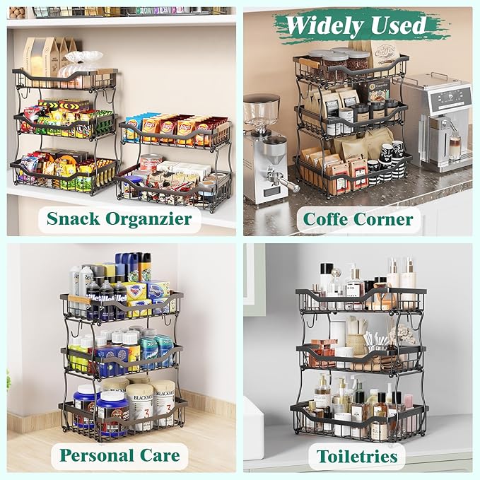 Giwil 3 Tier Countertop Fruit Basket for Kitchen, Vegetable Storage Bread Fruit Bowl Stand with 2 Banana Hooks, Wall Mounted Metal Wire Basket Organizer for Potato Onion, Black-Ruum Studio Home