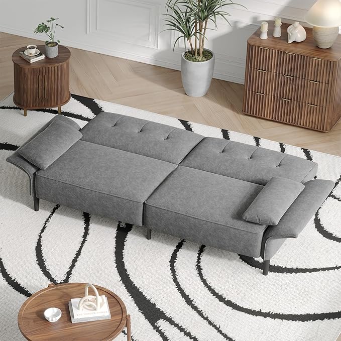 89” Futon Sofa Bed, Comfy Futon Couch Bed with 2 Square Pillows, Convertible Sleeper Sofa with Adjustable Backrest& Armrests, Modern Loveseat Sleeper for Living Room, Bedroom, Light Gray-Ruum Studio Home