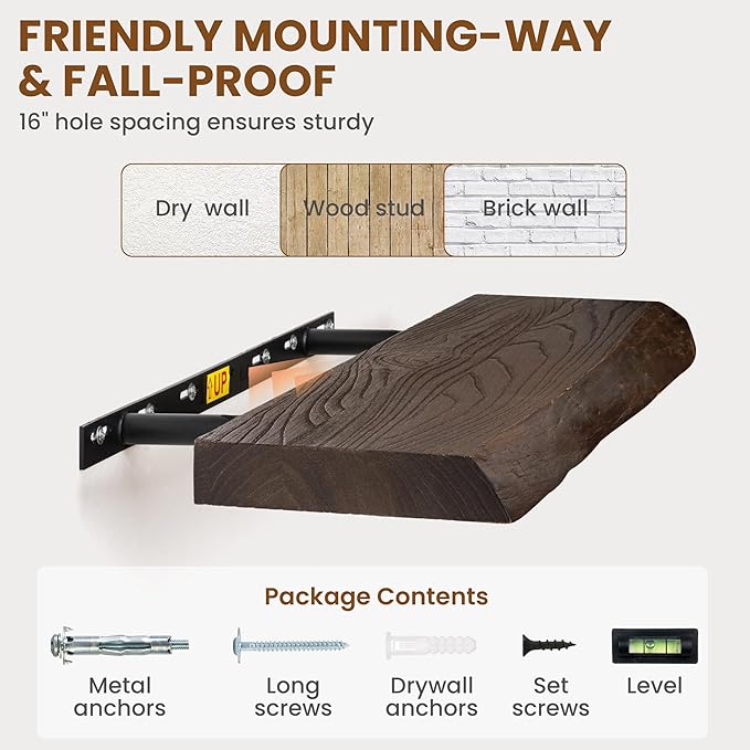 72" Floating Shelves, Live Edge Elm Wood Floating Shelf for Wall, Wall-Mounted Display Shelves with Invisible Heavy-Duty Bracket, Long Floating Shelf for Bathroom, Kitchen, Living Room, Walnut Color-Ruum Studio Home