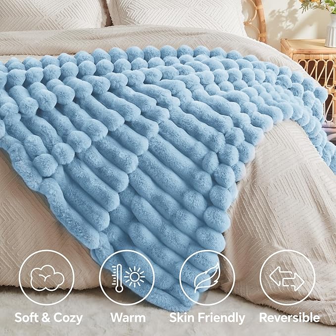 BEDELITE Faux Rabbit Fur Blanket, Luxurious 3D Striped Spring Blanket for Decor & Gift, Soft and Warm Plush Fluffy Faux Fur Throw Blanket All Seasons Suitable, (Light Blue, 50"x 60")-Ruum Studio Home