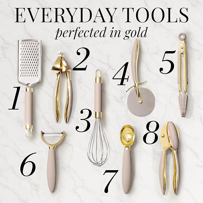 Gold and Beige Kitchen Utensils Set – 8 PC Cooking Gadgets with Mini Gold Whisk and Tongs, Pizza Cutter, Garlic Press, Cheese Grater, Peeler, Can Opener, Scoops – Stylish Beige Kitchen Accessories-Ruum Studio Home