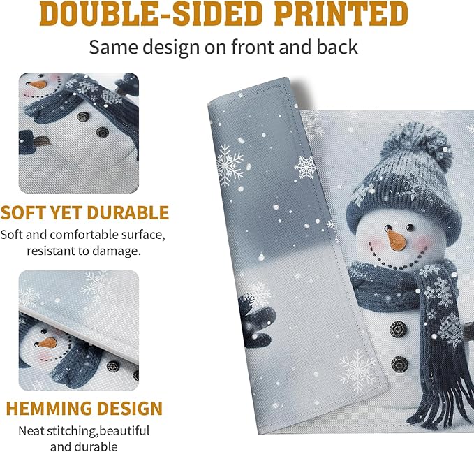 Snowman Placemats Set of 4, 12x18 Inch Winter Cute Blue Snowman Snowflake Table Mats Seasonal Christmas Holiday Washable Linen Fabric Place Mats for Farmhouse Party Kitchen Dining Decor-Ruum Studio Home