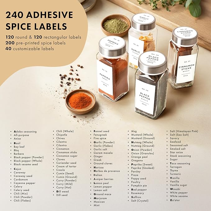Glass Spice Jars with Label and Stainless Steel Lids (24 x 4oz) Spice Containers with 240 Labels, Shaker Inserts, Steel Funnel, Empty Square Empty Square Seasoning Organizer (White)-Ruum Studio Home